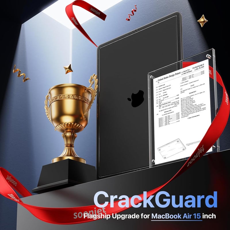 soonjet حافظة CrackGuard لجهاز MacBook Air مقاس 15 بوصة | M4 M3 M2 2025 2024 2023 | ترقية مضادة للتشقق | أنحف، أخف، أقوى | غلاف كمبيوتر محمول صلب | A3241 A3114 A2941 | أسود نبيل شفاف - Image 2